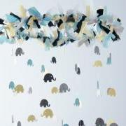 Blue Elephant Mobile for Baby Nursery in Blue Gray Yellow