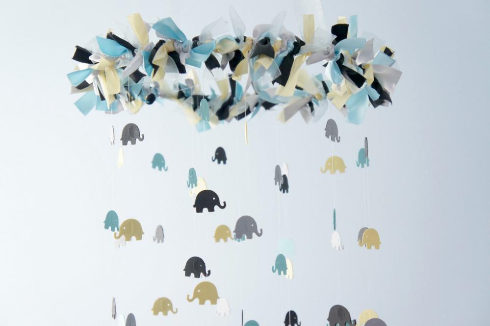 Blue Elephant Mobile For Baby Nursery In Blue Gray Yellow