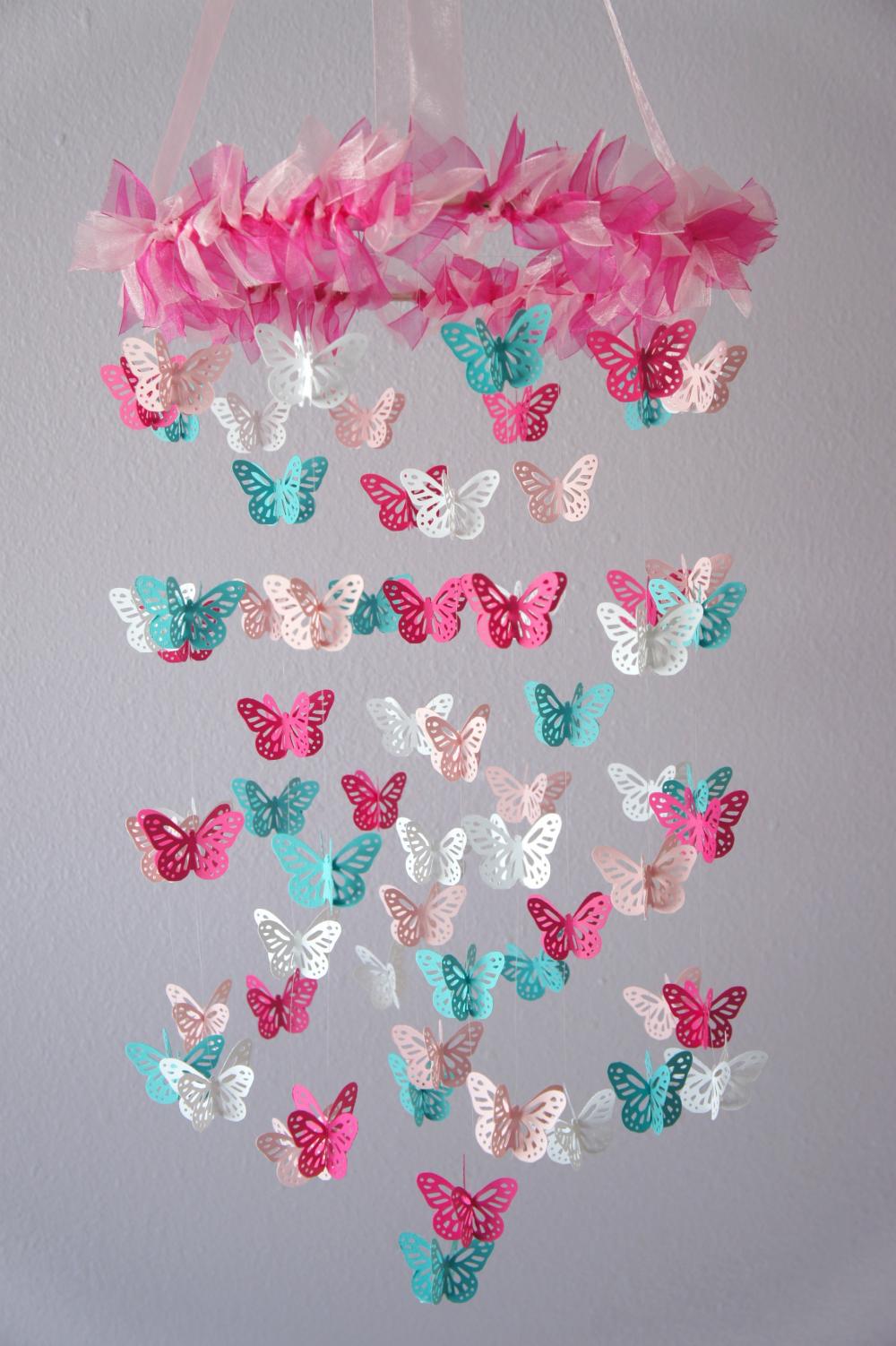 Nursery Mobile - Pink & Aqua Butterfly Mobile, Photography Prop, Baby Shower Gift