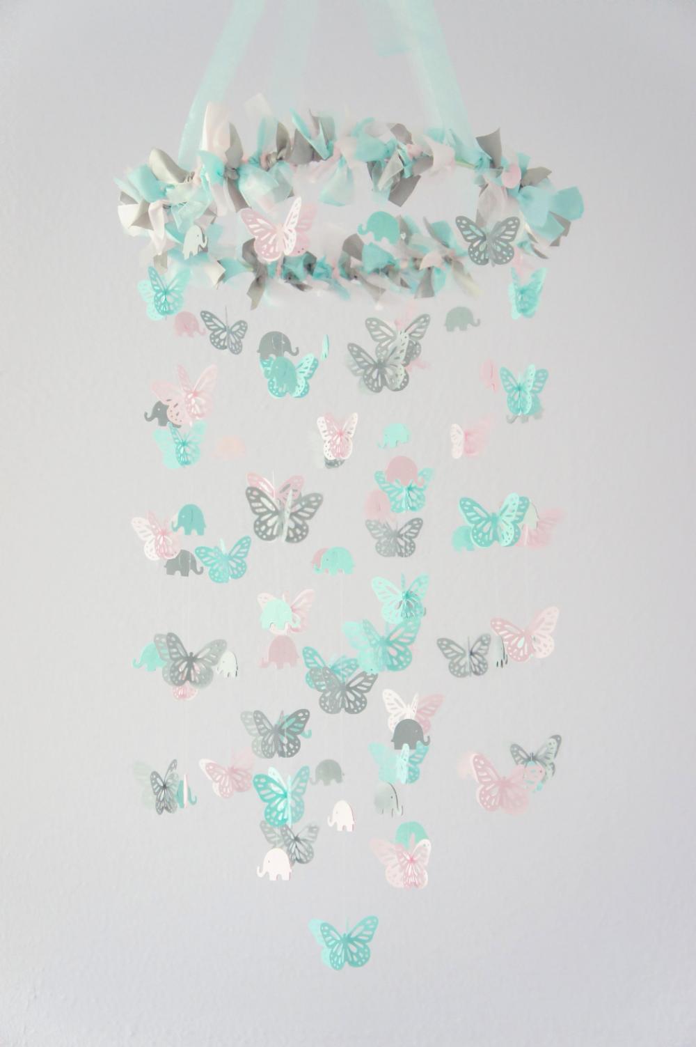 Aqua, Pink & Gray Nursery Decor- Elephants & Butterflies Baby Shower Gift