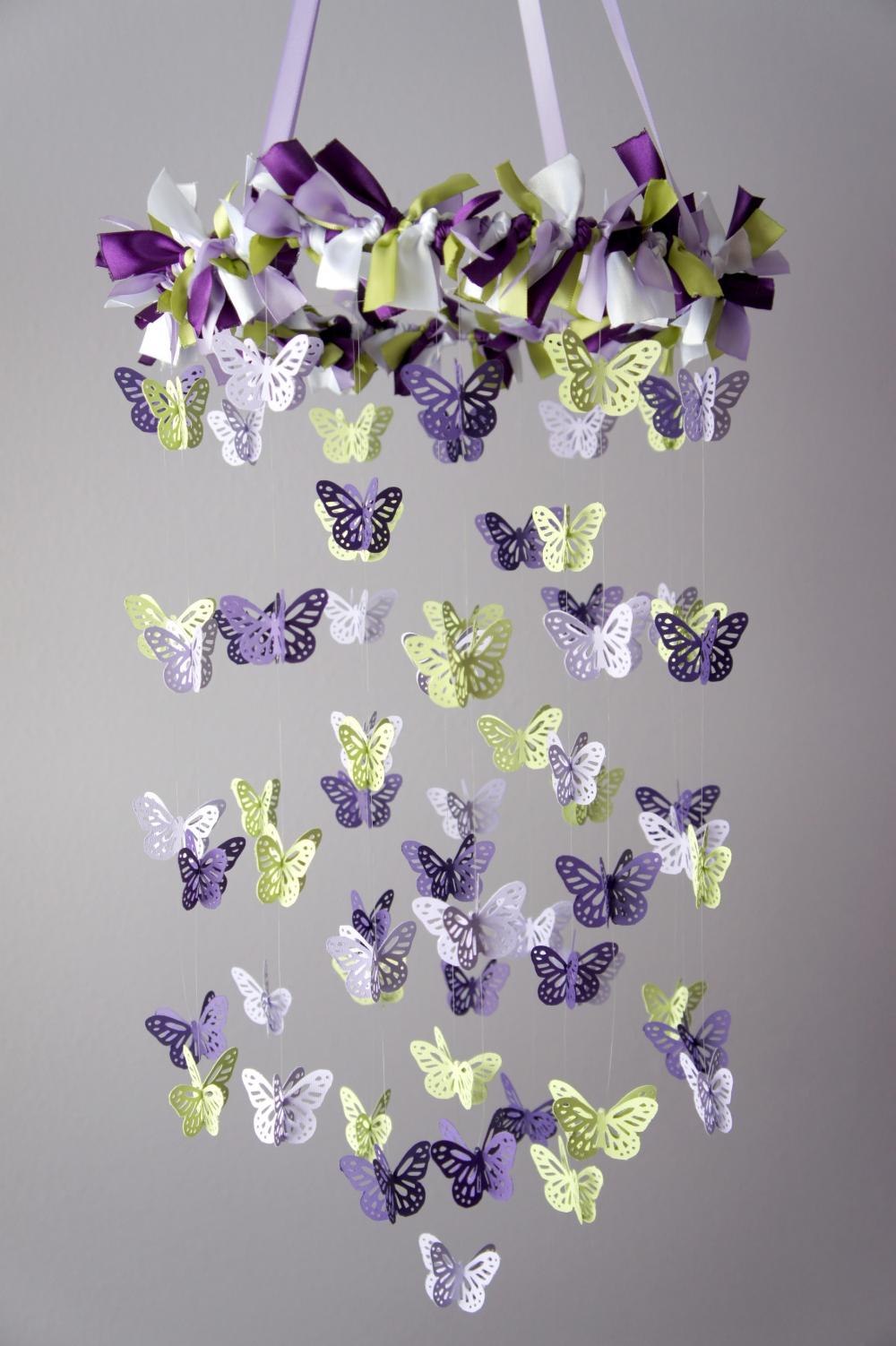 Butterfly Mobile In Purple Lavender Green & White- Photography Prop, Baby Shower Gift